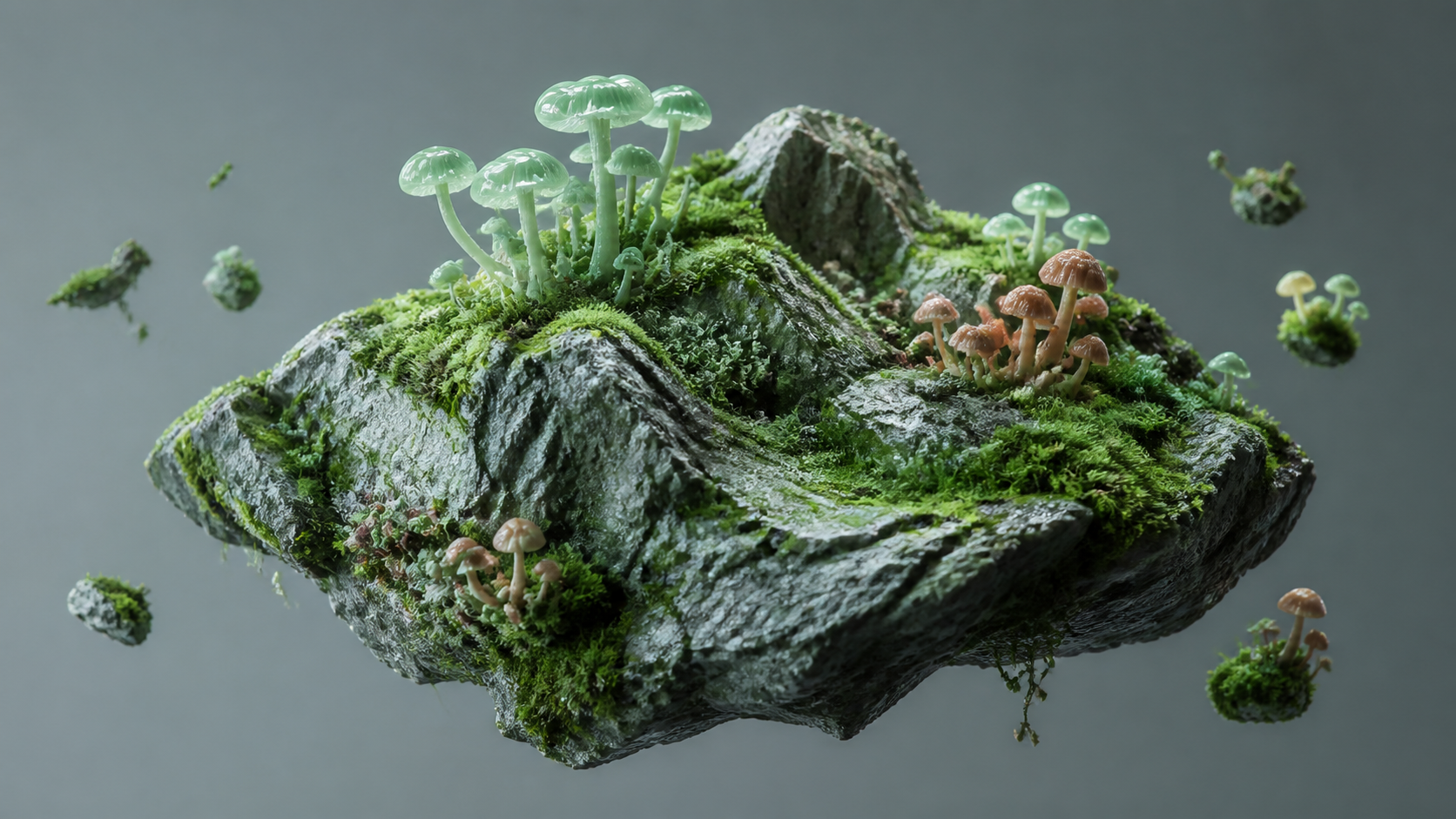 A floating moss-covered rock island with translucent mushrooms