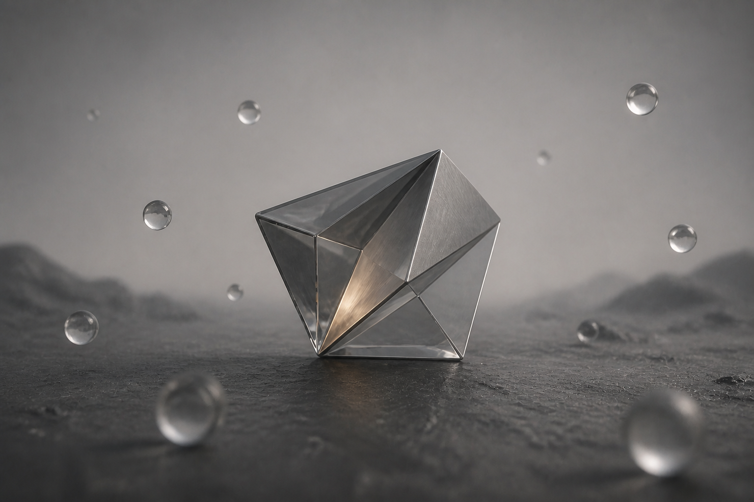 A folded metal object surrounded by glass spheres