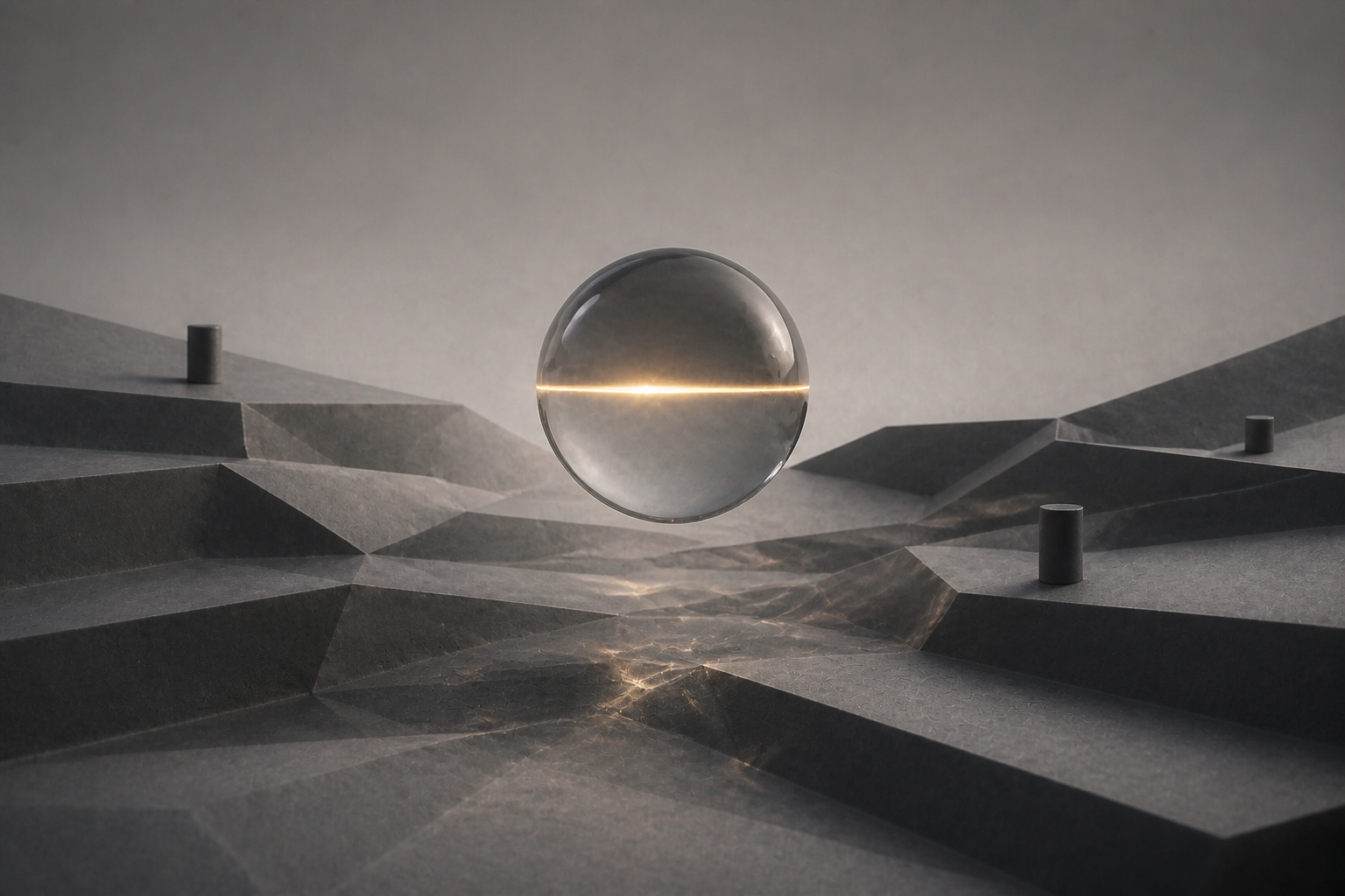A transparent orb floating over a geometric terrain